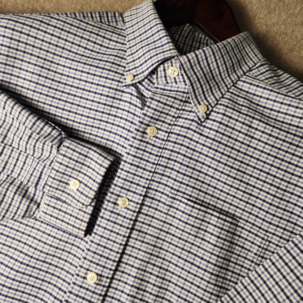 L.L. Bean Button Down Shirt Men 16-33 Blue White Plaid Cotton Long Sleeve 484